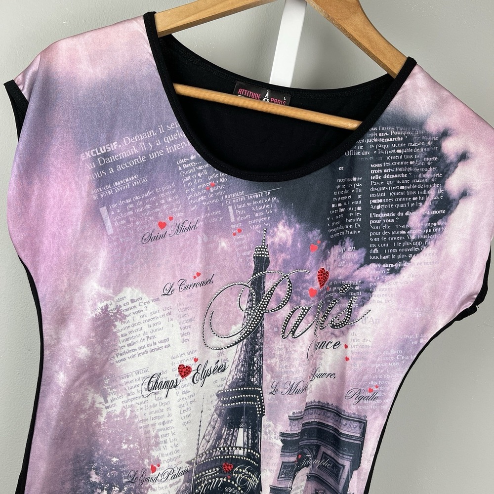 Attitude Paris Top Shirt Womens L Rhinestone Embellished Scenic Print‎ Y2K